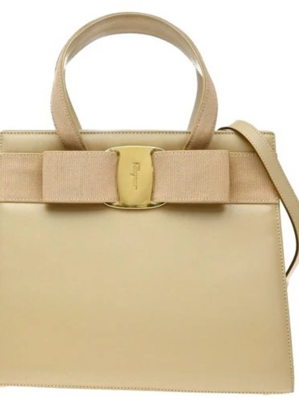 Salvatore Ferragamo Vara 2Way Shoulder Hand Bag Leather Beige GHW Italy 68YJ368